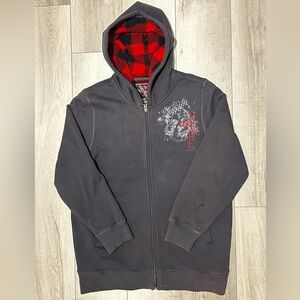 Y2K Plaid Fur Lined Hooded Zip Up Hoodie With Skull Design On Chest XL